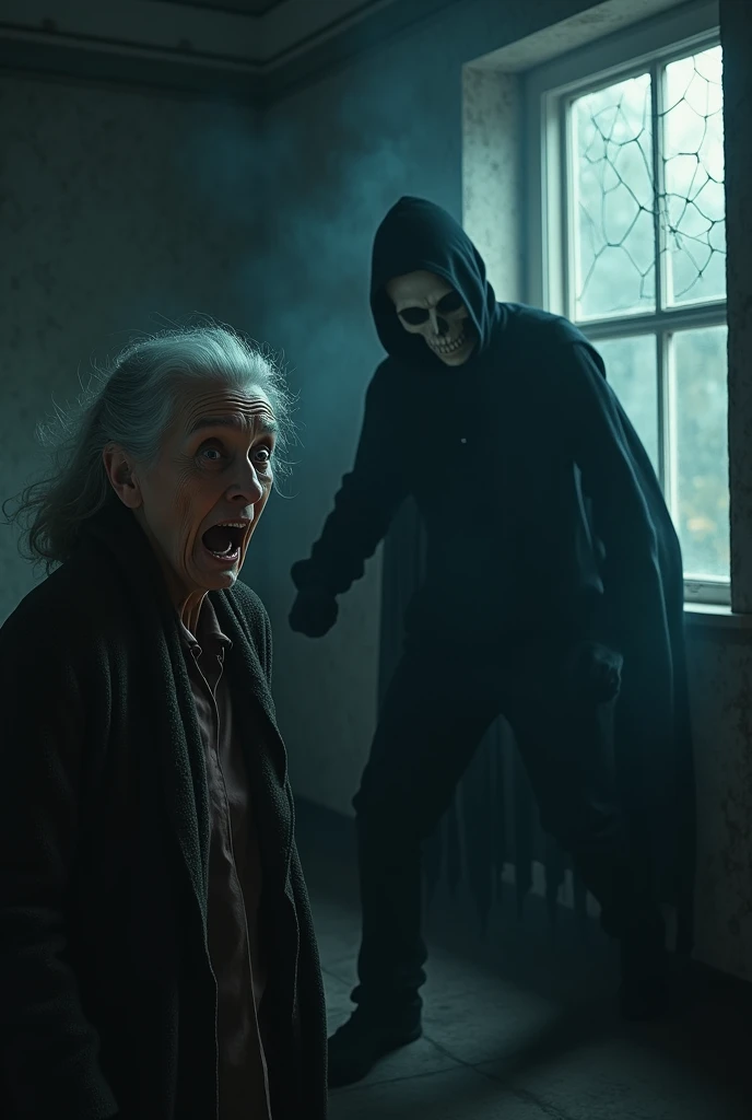 Old woman and 20-year-old boy with scared faces, hyperrealistic, in a dark room, lightning strikes,gloomy atmosphere, Dark shadow with long cape approaches him with skull face, spider web in the form of steam on the window, sleep paralysis