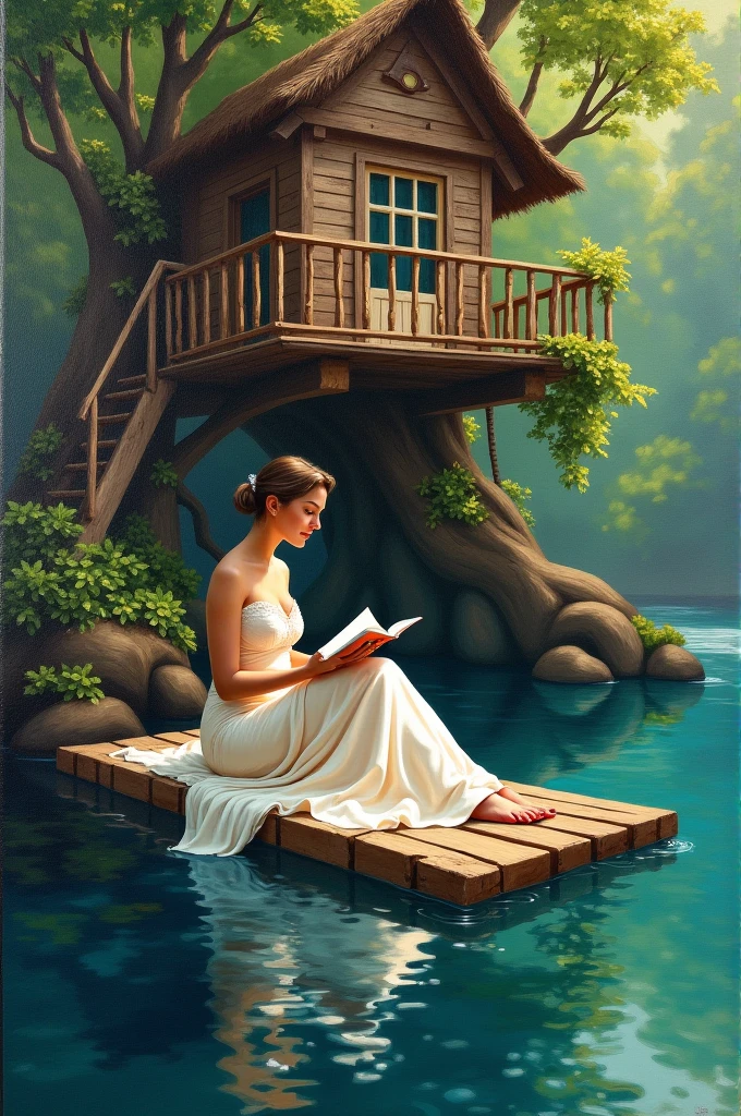 Impressionist painting of a woman reading on a raft near a tree house