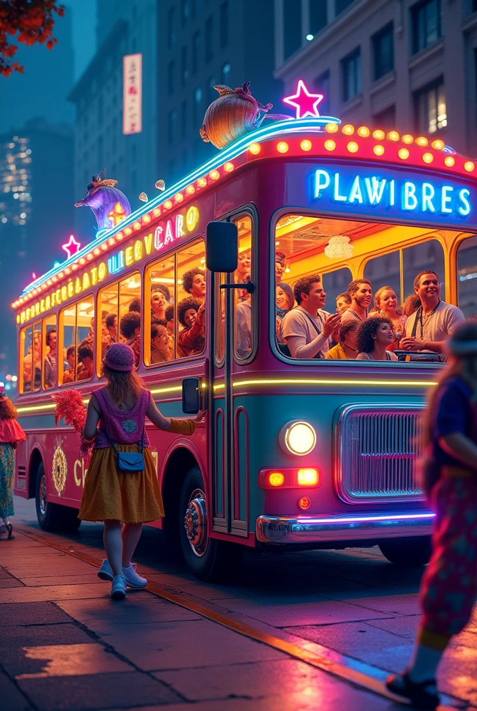 Colorful bus with colored LEDs and people inside the bus watching people in costumes dancing outside the vehicle