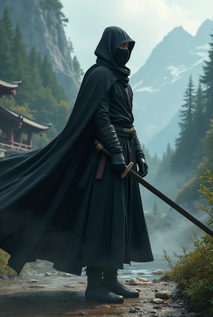 A ninja with a cape and black suit training to become the chief of his village and defeat the person who wants to destroy the world