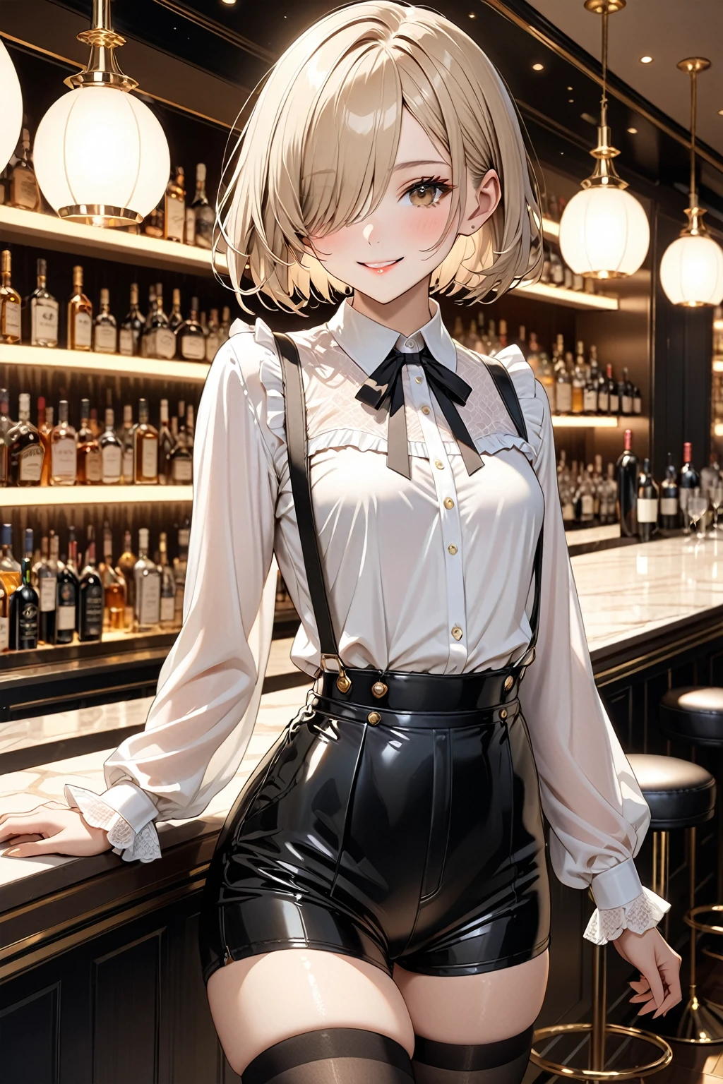 masterpiece,highest quality,32K,ultra detailed,young woman,light brown eyes,light makeup,flat chest,fair skin,shiny skin,happy smile,silky hair,hair over one eye,pixie cut,straight hair,beige hair,white frill blouse,blouse tucked in,long sleeves,suspender,black hot pants,black thigh-high stocking,luxury bar