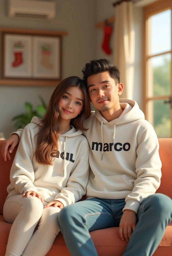 A 3D render of a photo of a sitting couple in a cozy living room during summer time. The woman, Amanda, has brown hair and blue eyes and is wearing a white hoodie with the name "PAU" in black color. The man, Marco, has black hair and blue eyes and is wearing a white hoodie with the name "MARCO" in black color. The background is a living room with beautiful furniture, stockings, and pictures. The overall image is very pretty.