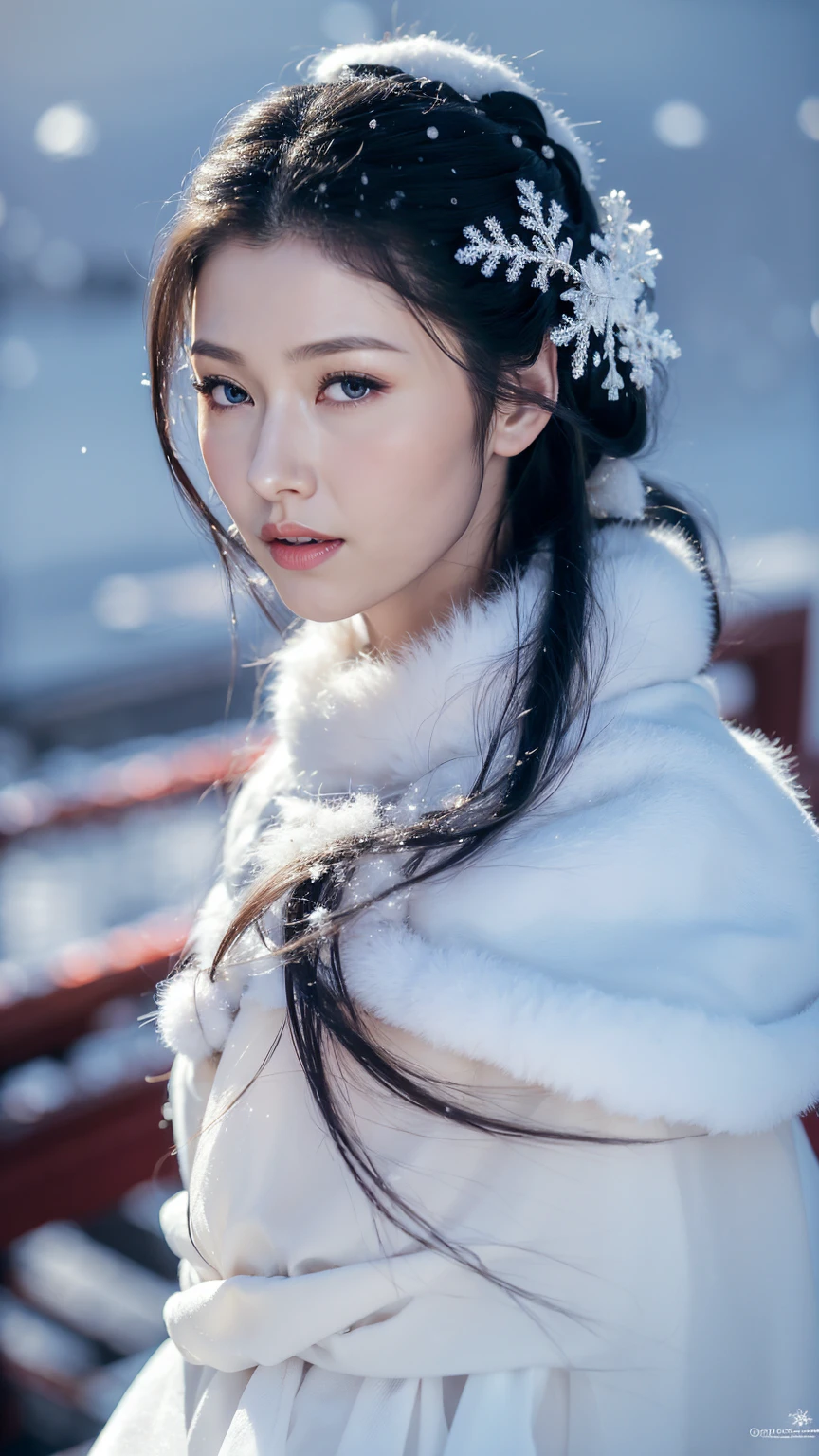 1 Fashion Model [[[[close up]]]], [[[[neck]]]], [[[[Shoulder]]]], (((Complete head)))，(((Complete hairstyle)))，Perfect eyes, Perfect Iris，Perfect lips，Perfect Teeth，Perfect skin，White skin，Soft headlights，High-density imaging，Black long hair，（Clean and delicate face），((Simple red fur winter hanfu))，((Half-length photo))，((White snow))，((winter))，((Various dynamic poses))，((The background is snow and rime))，best quality，masterpiece，（Soft colors：1.2）