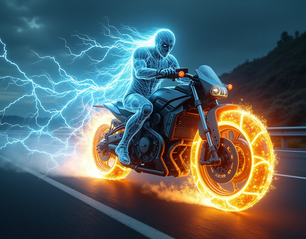 masterpiece,High resolution, Thunder Elemental Machines Cyberbike、Ghost Rider、Highway blast、electrification、Illumination、From the side、BREAK General Rider、