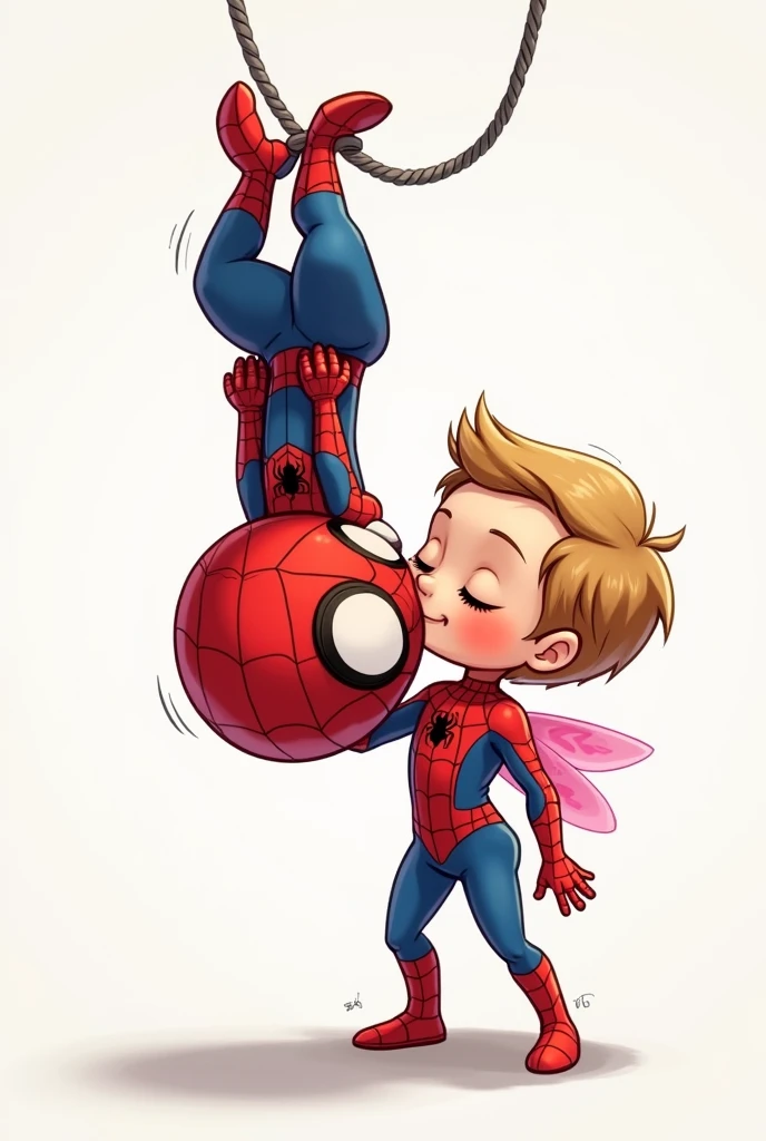 Baby Spiderman hanging from a web upside down with his feet up and his head down and winged standing baby female spiderman with her suit being pink giving a kiss on the cheek to baby spiderman standing next to him all animated that it be a drawing that I can draw