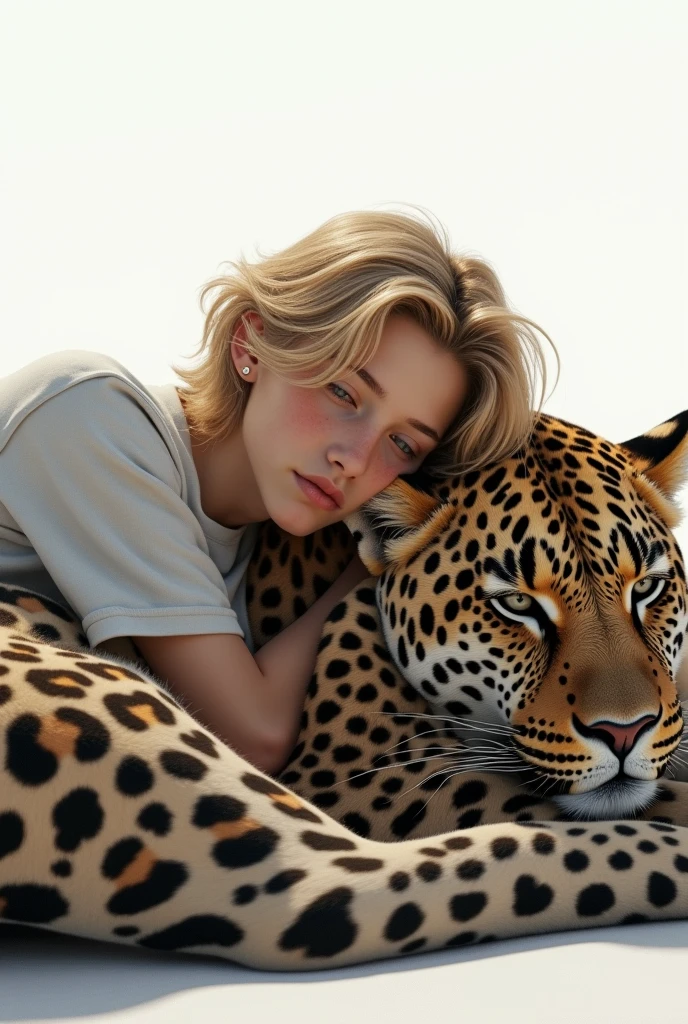blond haired teenage man lying on the lap of a leopard with a white background that doesn&#39;t look so animated that it&#39;s more realistic