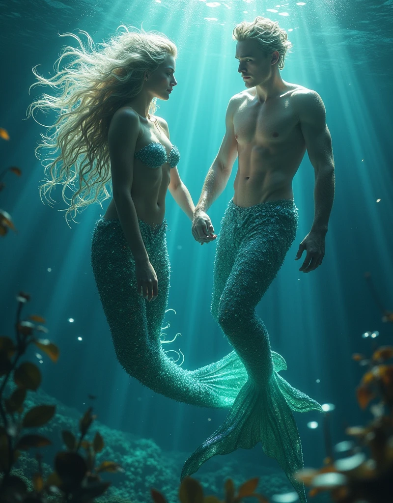 (masterpiece,Distinguished Quality,Mirror-like,Cinematic Experience, insanely detailed,absurdres),8k,full image shot),(1 female), the shimmering, iridescent depths of an enchanted ocean, mesmerizing sirens, big breasts, nipples ,8k, slim waist, shimmering scales on a tale, luminous, pearlescent skin glistening with dew, long, flowing hair a wild tangle of seaweed and glittering, gemstone-encrusted locks, as their piercing, (1 handsome male),(male, with mermaid tale:2.0),(male siren),(manly tale),(manly abs), random hair, aquamarine eyes gleam with an otherworldly allure, shimmering, crystalline tail glimmers with a soft, ethereal light, beckoning sailors to their doom with a haunting, melodic song that echoes through the mystical, moonlit waves, Imagine the captivating, underwater scene!