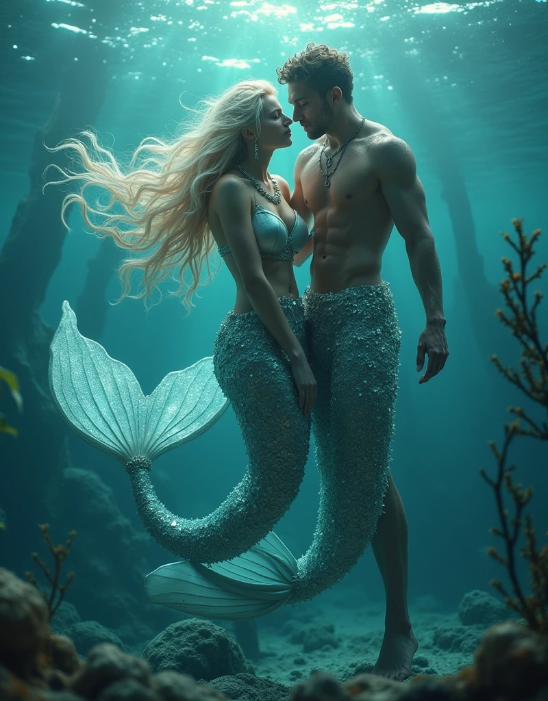(masterpiece,Distinguished Quality,Mirror-like,Cinematic Experience, insanely detailed,absurdres),8k,full image shot),(1 female), the shimmering, iridescent depths of an enchanted ocean, mesmerizing sirens, big breasts, nipples ,8k, slim waist, shimmering scales on a tale, luminous, pearlescent skin glistening with dew, long, flowing hair a wild tangle of seaweed and glittering, gemstone-encrusted locks, as their piercing, (1 handsome male),(male, with mermaid tale:2.0),(male siren),(manly tale),(manly abs), random hair, aquamarine eyes gleam with an otherworldly allure, shimmering, crystalline tail glimmers with a soft, ethereal light, beckoning sailors to their doom with a haunting, melodic song that echoes through the mystical, moonlit waves, Imagine the captivating, underwater scene!