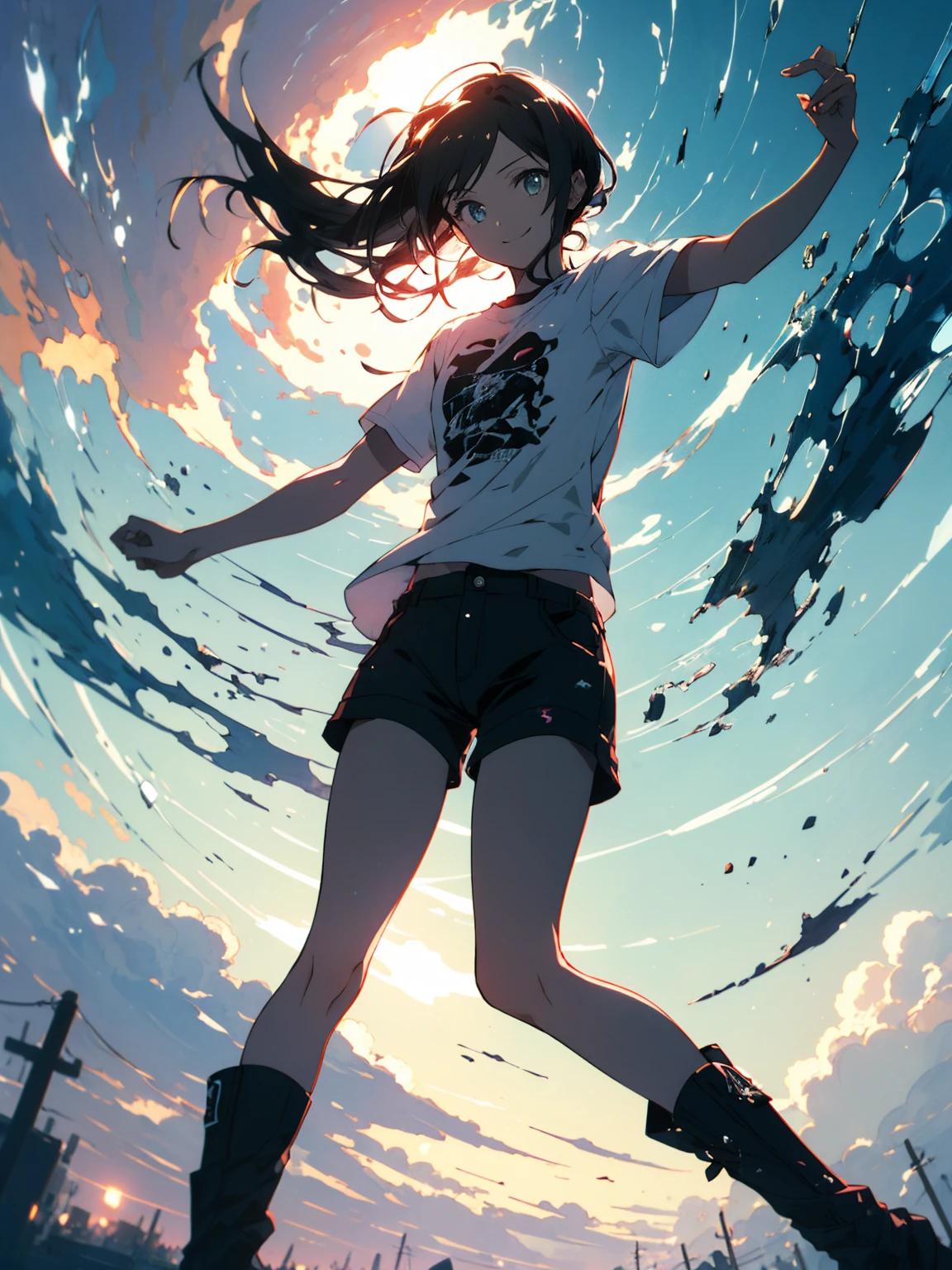 (Highest quality、masterpiece、High resolution、detailed)、(Shining Eyes、detailed美しい顔)、1 、(T-Shirts,Shorts),smile,short boots,outskirts、Slope background、Beautiful Anime