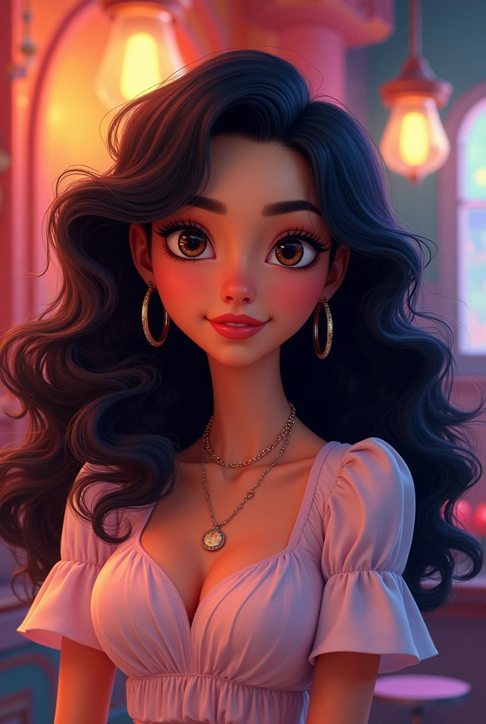 Pixar style poster manicurist brunette long curly black hair brown eyes medium complexion small eyes moon on the jaw