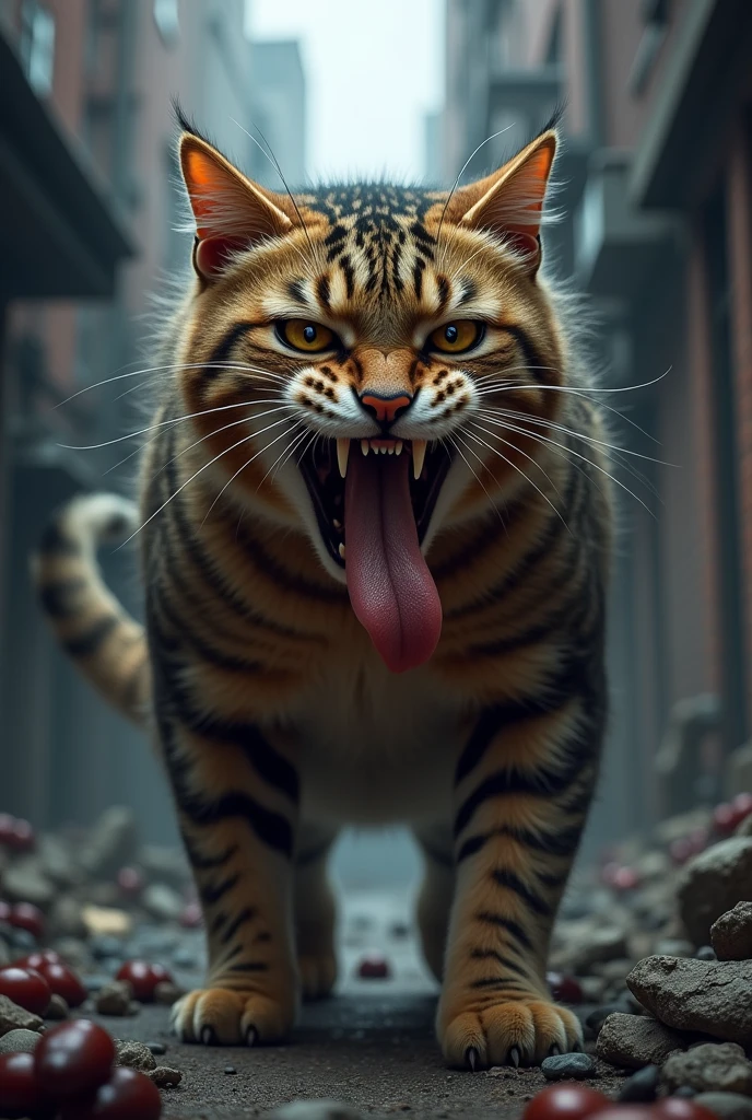 A very angry cat sticking his tongue out 