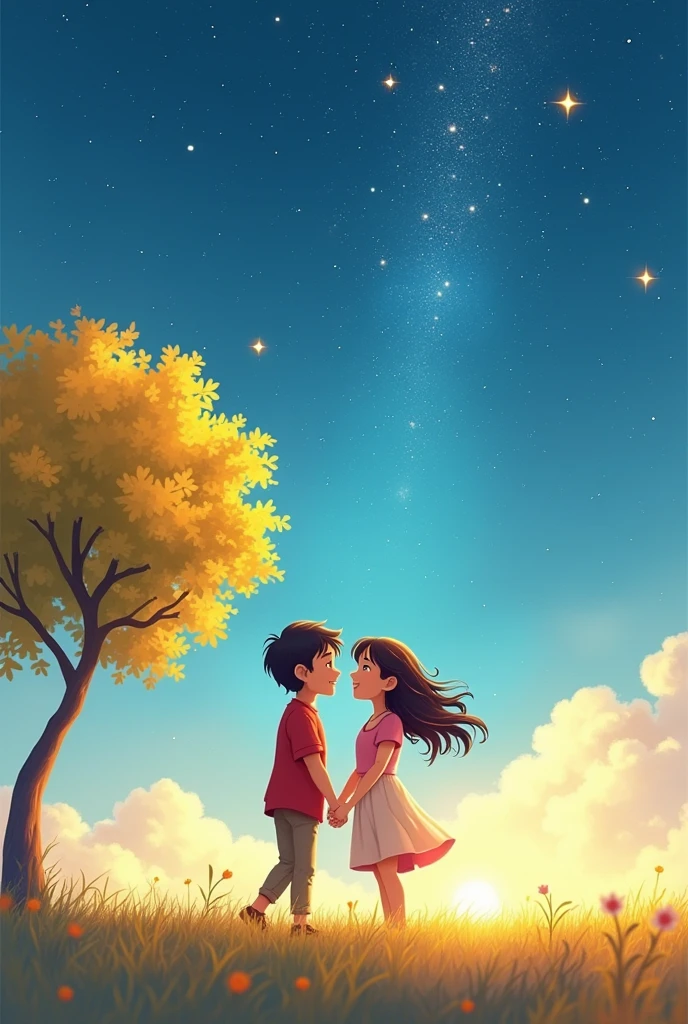 Two best friends and blue sky and star rain and one tree yellow colour 4K