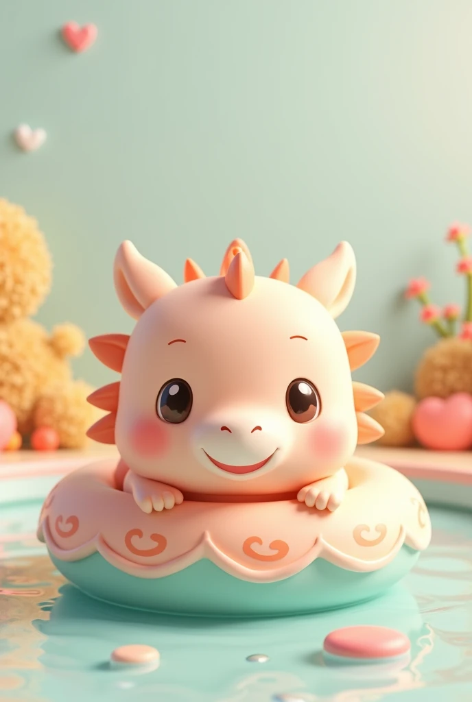 3d, Simple and cute, With gentle colors like a picture book , 8k, Highest quality,cute,Big anime eyes,Cute little dragon on a swimming ring.,mascot