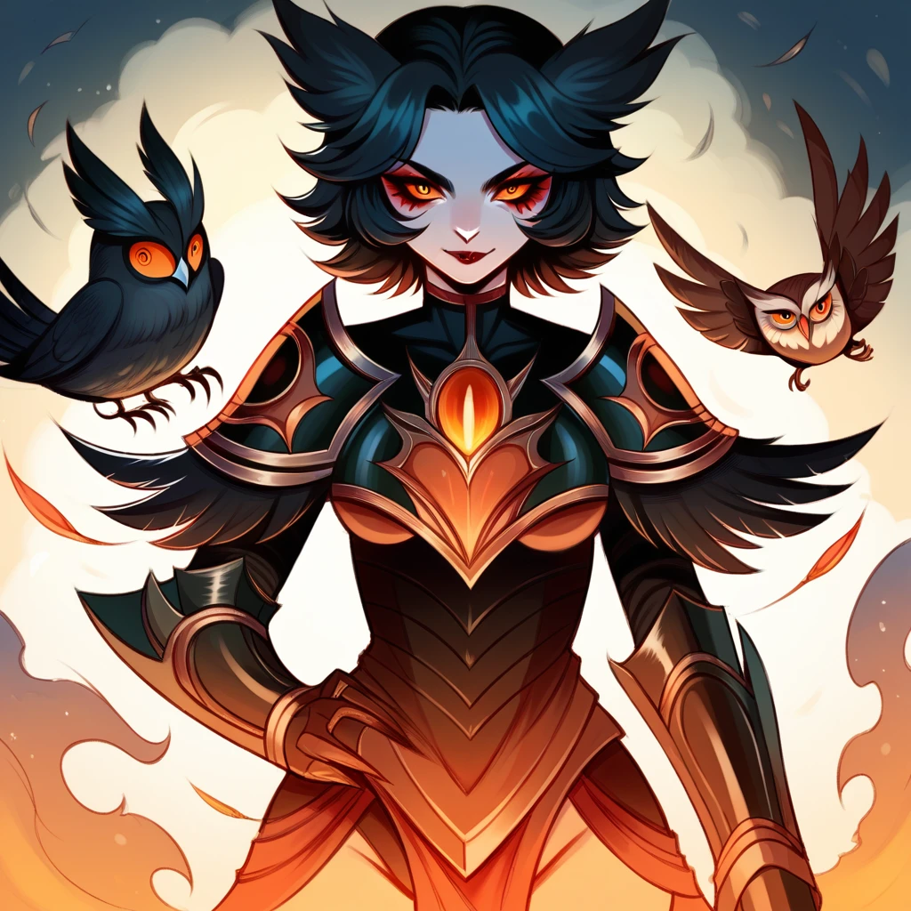 ota \(artist\), score_9, score_8_up, score_7_up, score_6_up, owl, with ebony black feathers and orange eyes in demonic armor