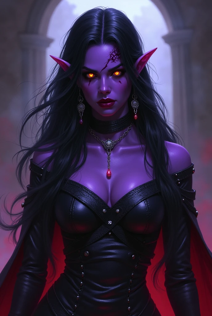 Fazer imagem de uma personagem tiefling feiticeira de d&d, purple skin, with a scar on her face, long black hair, fire colored eyes, infernal aura and super scary appearance with a single silver necklace with a very small, slightly pink pearl inside the necklace, leather dress as armor covered chest