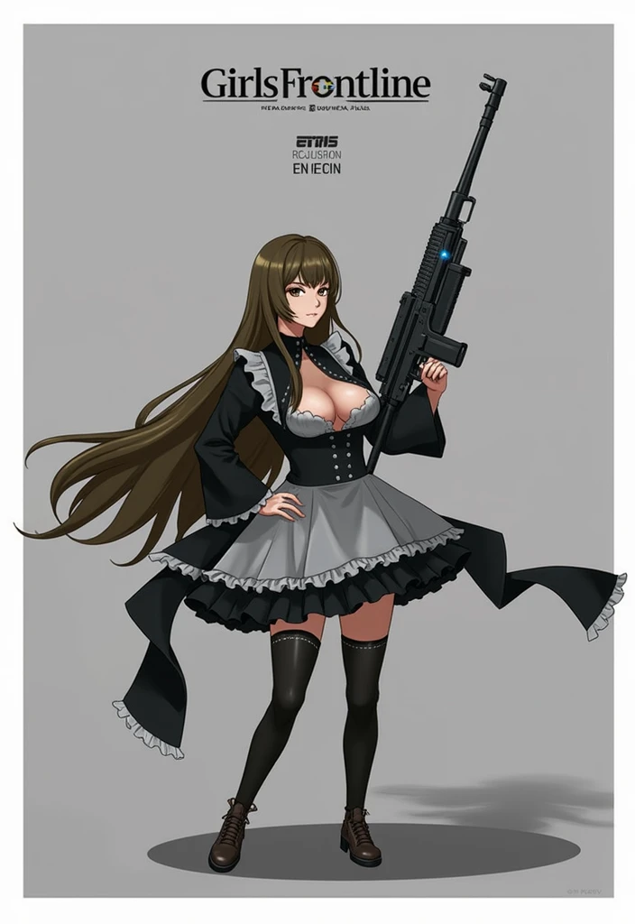 anime character with long hair in maid dress holding a heavy rilfe and black gloves,(hair swept bangs:1.3), (long brown hair:1.3), 1girl, solo, long hair, breasts, looking at viewer, large breasts, simple background, black hair, thighhighs, holding, cleavage, very long hair, standing, jacket, full body, weapon, ahoge, multicolored hair, boots, grey background, holding weapon, orange hair, mole, high heels, two-tone hair, leotard, hand on hip, gun, bodysuit, thigh strap, thigh boots, holding gun, rifle, colored inner hair, barcode, anime style, from girls frontline, fine details. girls frontline, girls frontline universe, girls frontline style, girls frontline, girls frontline cg, soft anime illustration, 2 0 2 2 anime style, 2022 anime style, pixiv contest winner, pretty anime character design, render of april