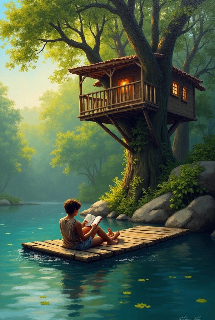Impressionist painting of a person reading on a raft near a tree house