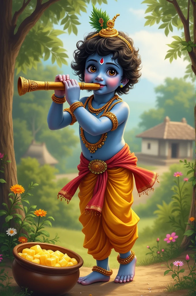 माखन चुराना और बांसुरी बजाना: कृष्ण को माखन के बर्तन चुराते हुए और बांसुरी बजाते हुए दर्शाते हुए।