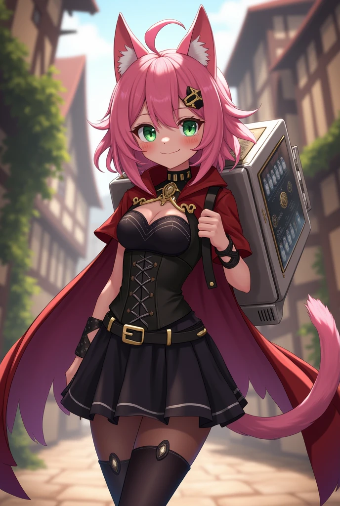 Diona From Genshin impact, ((carrying a small refrigerator on your back like a backpack)), masterpiece, best quality, cinematic lighting , looking at a viewer, smile, pink hair, hat, cat ears, cat tail, green eyes, Full body, smile, walking, in the medieval city, 1girl, (Black dress, corset, belt, black skirt, cloak, red cape, red hood, pantyhose).