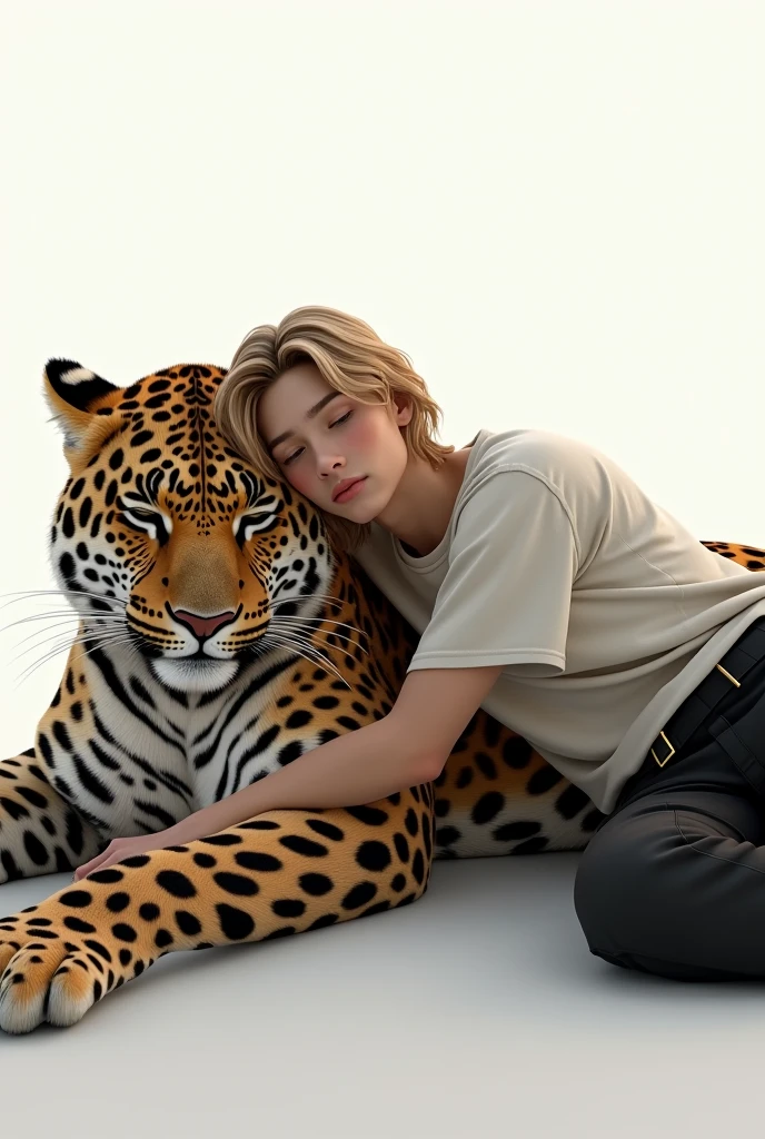 blond haired teenage man lying on the lap of a leopard with a white background that doesn't look so animated that it's more realistic