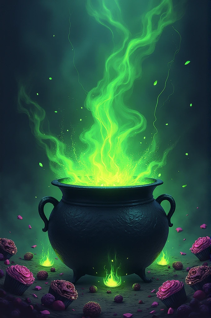  The Magic Cauldron Concept: A cauldron in the center of the poster, bubbling with magic potions. Figures such as witches and souls in torment emerge from the mist emanating from the cauldron.. You could incorporate sweet elements such as candy or pastries that emerge alongside these figures., connecting with the title "Sweet Night".
colors: Bright greens for the potion, with black and purple contrasts.
Typography: Letters that appear to be made of smoke or bubbles.