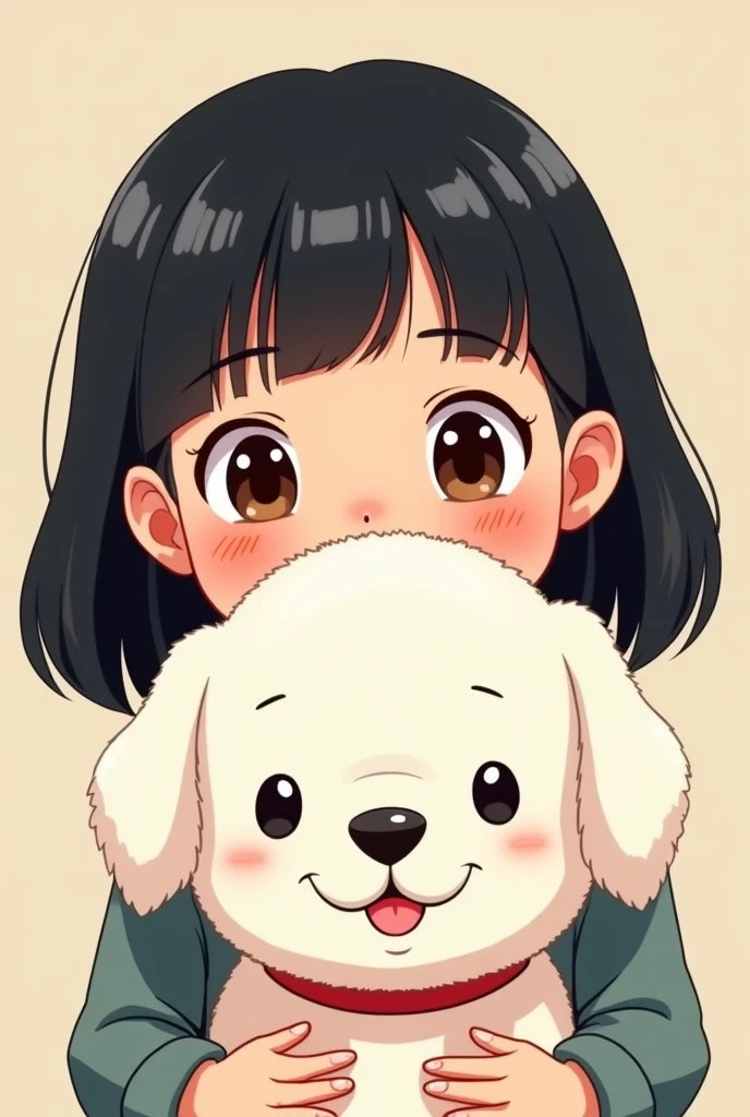 Cartoon style black haired girl holding a white puppy, the two looking forward covering each other's faces showing the girl's brown eyes and the dog's black eyes