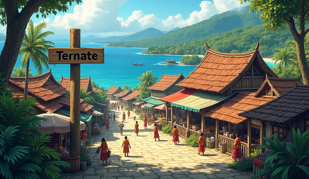 Village from ancient Ternate island, Maluku, Indonesia, there is a signpost that says "TERNATE"