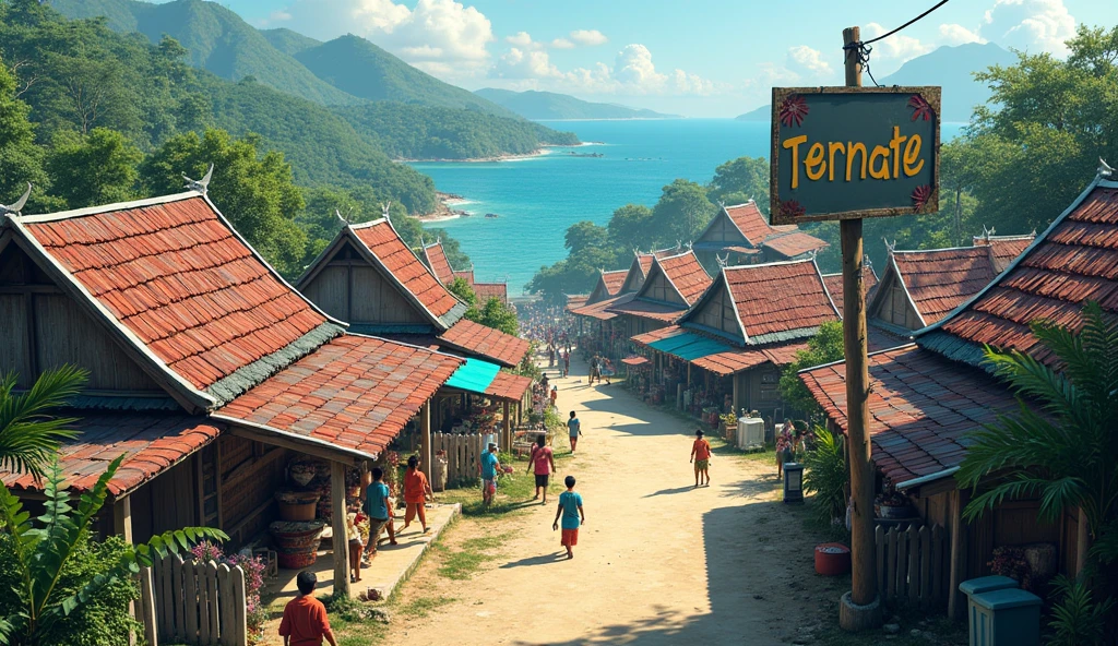 Village from ancient Ternate island, Maluku, Indonesia, there is a signpost that says "TERNATE"