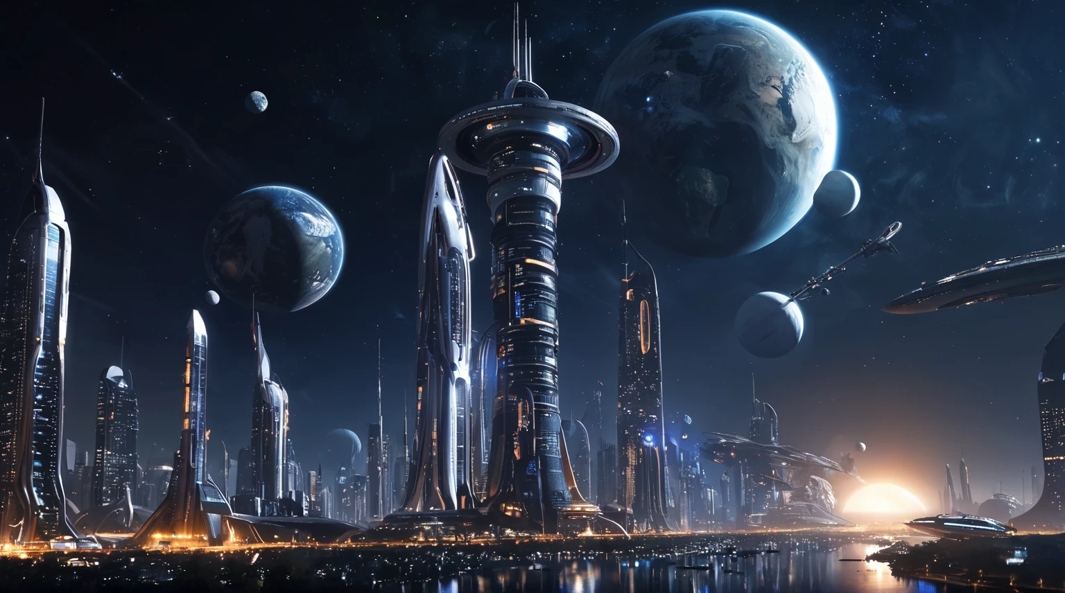 Future City Building，Tall buildings tower，The main building is the highest，night，Outer Space，spacecraft，Space base station，Planet Earth，Sci-fi style，Vertical composition，Interstellar background，Ultra wide-angle lens，Night lighting，spacecraft悬浮，Space base station连接，Planet Earth远景，Cool colors，Mystery。