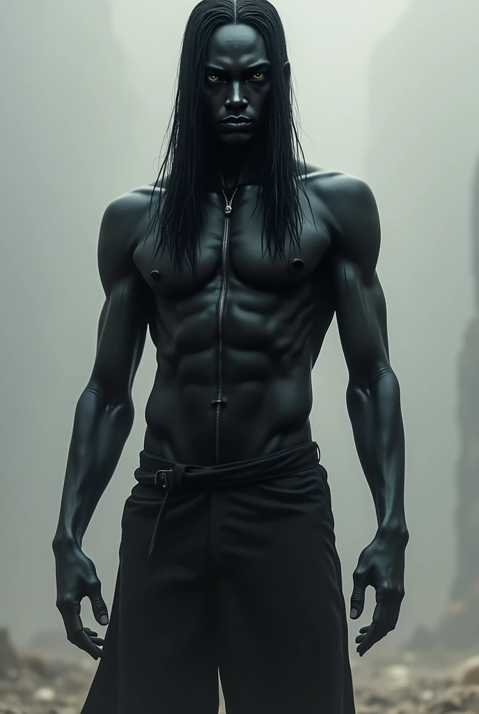 A tall young male warrior character,
alien with skin completely black as night, no eyebrow, with straight black hair that reaches the middle of her back , with completely black eyes, wearing a tight-fitting, all-black, full-body military jumpsuit 