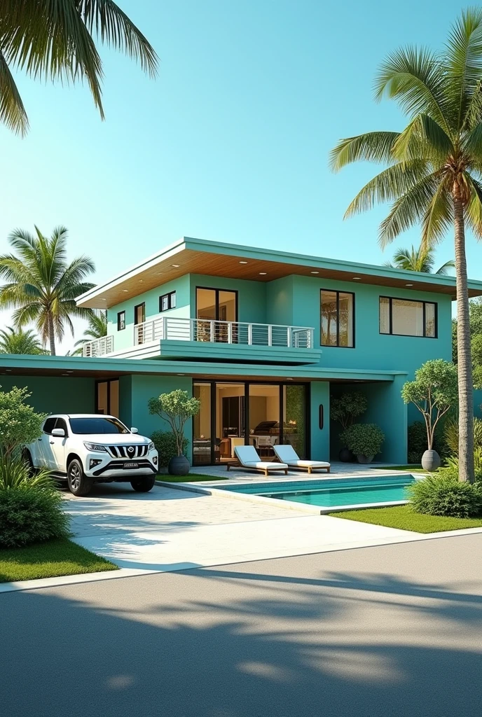 Luxurious 1-story house in aqua green color near the beach with parking area, pool area, barbecue area and roundabout entrance with 1 white Toyota Hilux parked and a blue Isuzu Dmax parked