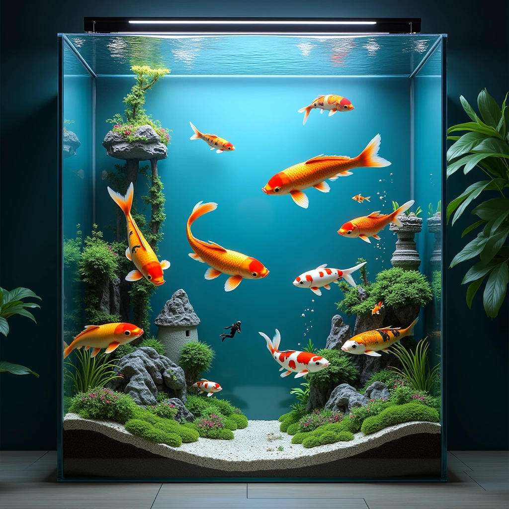 Home aquarium with different koi fish, The aquarium should be facing forward, with aquarium plants, ornaments (miniature castles and divers) and with a palette of cool colors