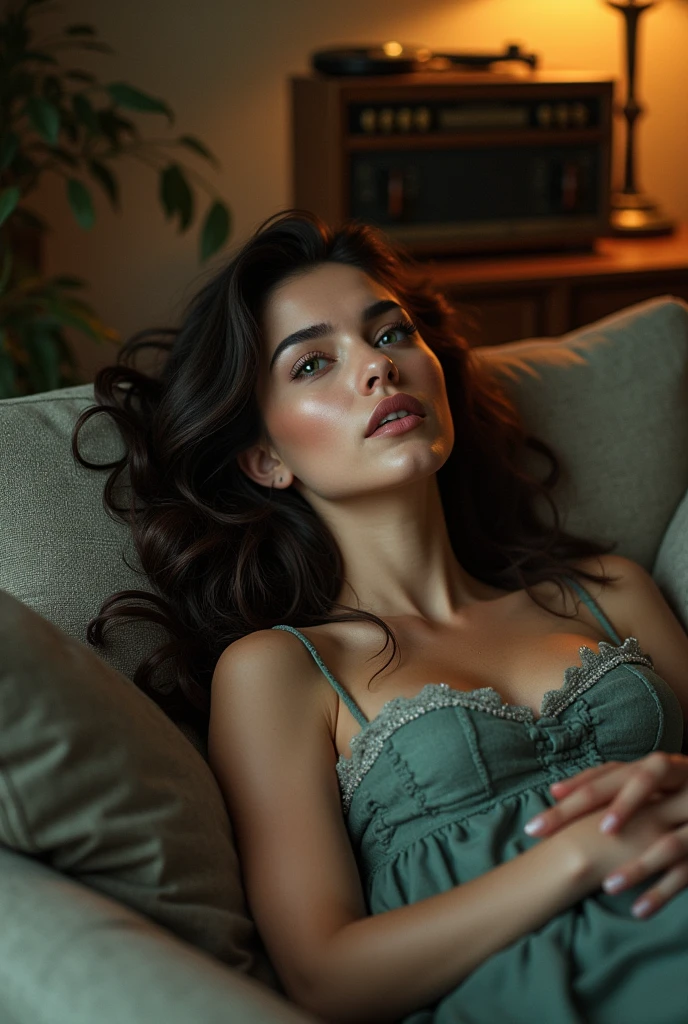 I want a beautiful woman with green eyes and long hair lying on the couch with a vinyl record playing on a radio and on the couch next to her the cover of the record with the words Blues written on it..