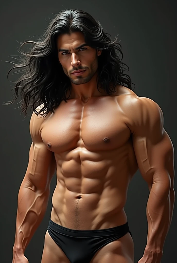 1980's beefcake musclejock with flowing long black hair showcasing his beautifully developed pale pecs, chippendales inspired, glossy high res photo
