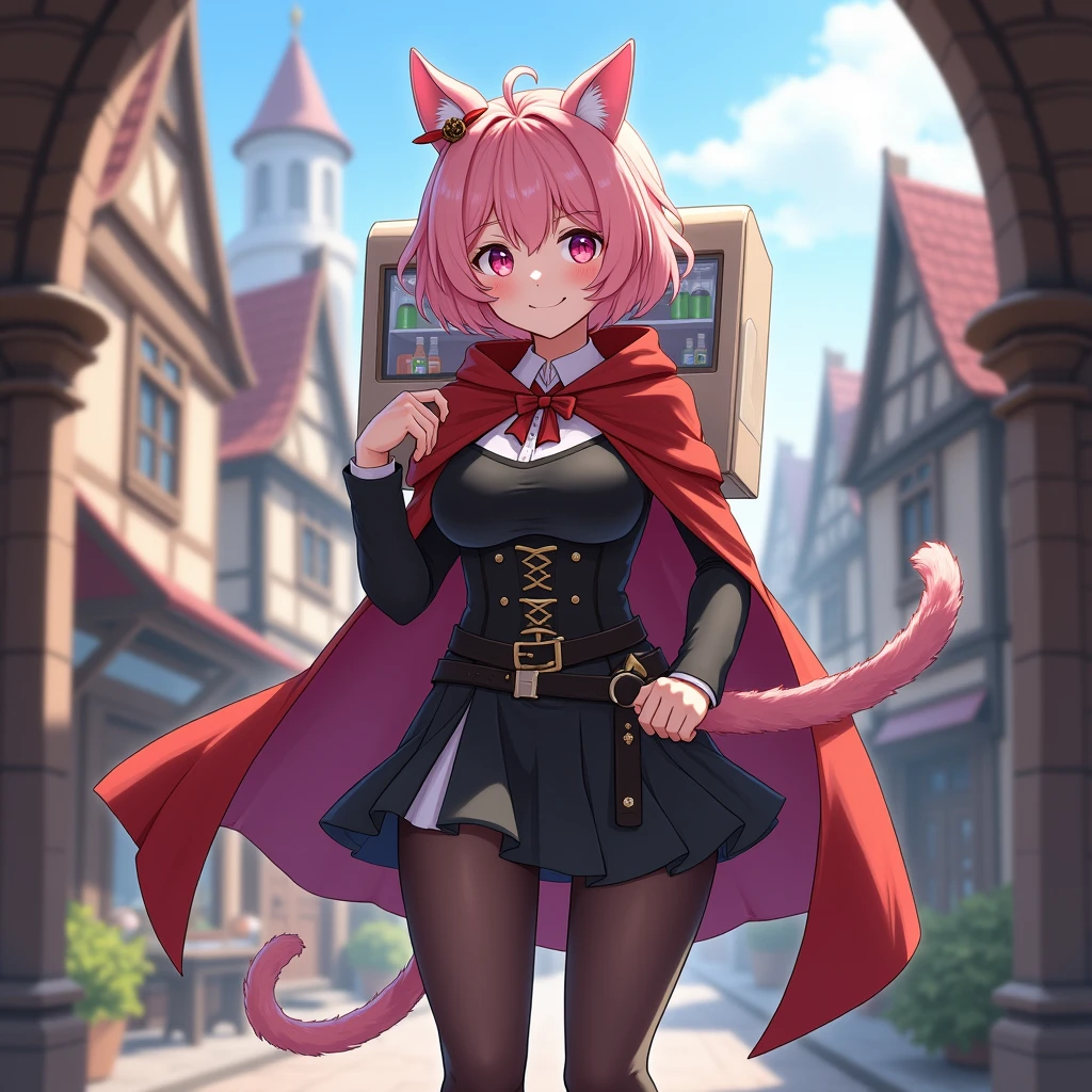 Diona From Genshin impact, ((carrying a small refrigerator on your back)), masterpiece, best quality, cinematic lighting , looking at a viewer, smile, pink hair, hat, cat ears, cat tail, green eyes, Full body, smile, walking, in the medieval city, 1girl, (Black dress, corset, belt, black skirt, cloak, red cape, red hood, pantyhose).