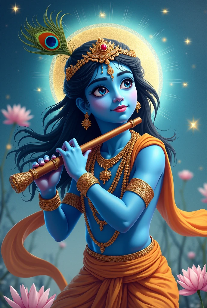 Creating a portrait of Krishna in anime style is a fascinating idea! Here are some tips to guide you:

1. **Traditional Elements**: Retain key traditional elements, such as Krishna’s blue skin, peacock feather crown, and flute. These are iconic and will make the character instantly recognizable.

2. **Anime Aesthetics**: Incorporate anime-style features like large, expressive eyes, and sleek, stylized hair. Consider giving Krishna a dynamic pose that emphasizes grace and movement.

3. **Color Palette**: Use vibrant colors to reflect the divine nature of Krishna. Shades of blue, gold, and green can highlight his celestial essence.

4. **Background**: Create a mystical or celestial background. This could include elements like lotus flowers, starry skies, or a divine aura to enhance the ethereal feel.

5. **Outfit Design**: Design Krishna’s attire with a blend of traditional Indian garments and anime flair. Flowing fabrics and intricate patterns can add visual interest.

6. **Expressions and Emotions**: Capture Krishna's serene and playful personality through his expressions. Anime art often emphasizes emotional depth, so use this to convey Krishna’s wisdom and charm.

By combining these elements, you can create a unique and engaging portrait that honors Krishna while embracing the anime art style.