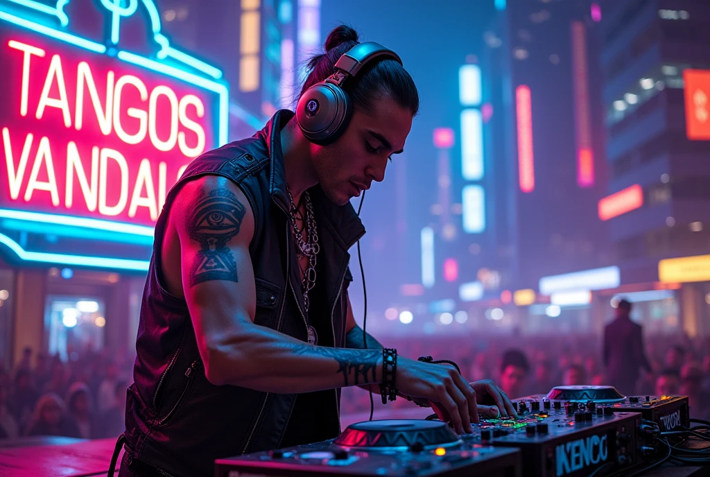 Futuristic DJ. He has an Egyptian tattoo "Eye of Horus" in the arm. Add a bold neon sign "Tangos Vandals" In the scene.