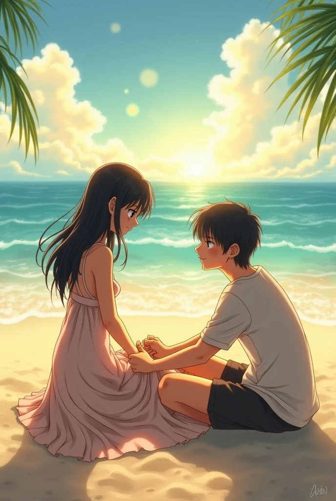 You can generate an image of Mikasa Ackerman sitting on the beach while Eren Jaeger gently massages her feet as the two look at each other lovingly. 