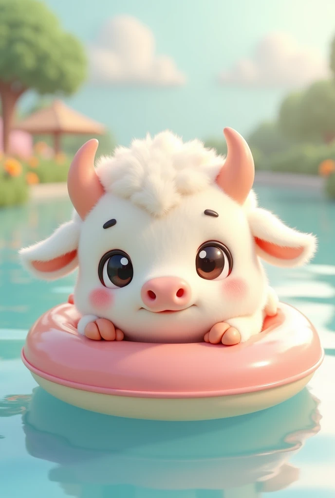 3d, Simple and cute, With gentle colors like a picture book , 8k, Highest quality,cute,Big anime eyes,Cute calf on a swim ring.,mascot