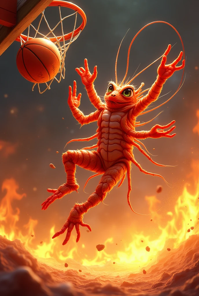 Shrimp doing basketball dunk on fire