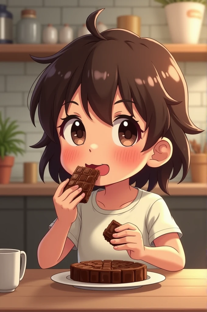 tender child, animated brunette eating a chocolate