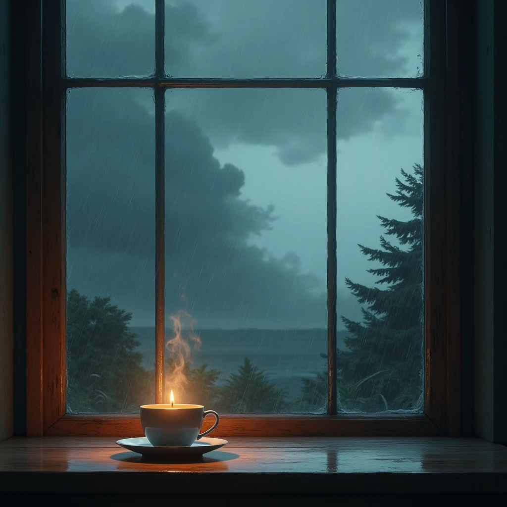 There was a cup of hot tea on the table in front of the window., Outside the window, the wind and rain blew..