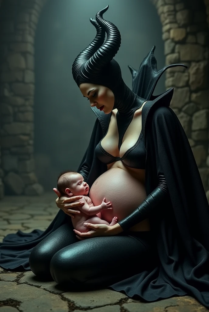 A stunning portrait of Maleficent giving birth in a dungeon, she is actively giving birth, the ’s head is stretching her birth canal