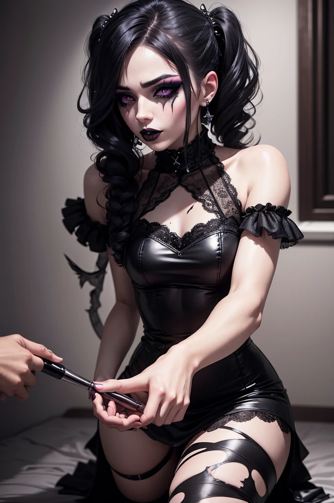 a male being forcefully feminized, humiliated and erotically depicted, in a dark goth style (smeared makeup)