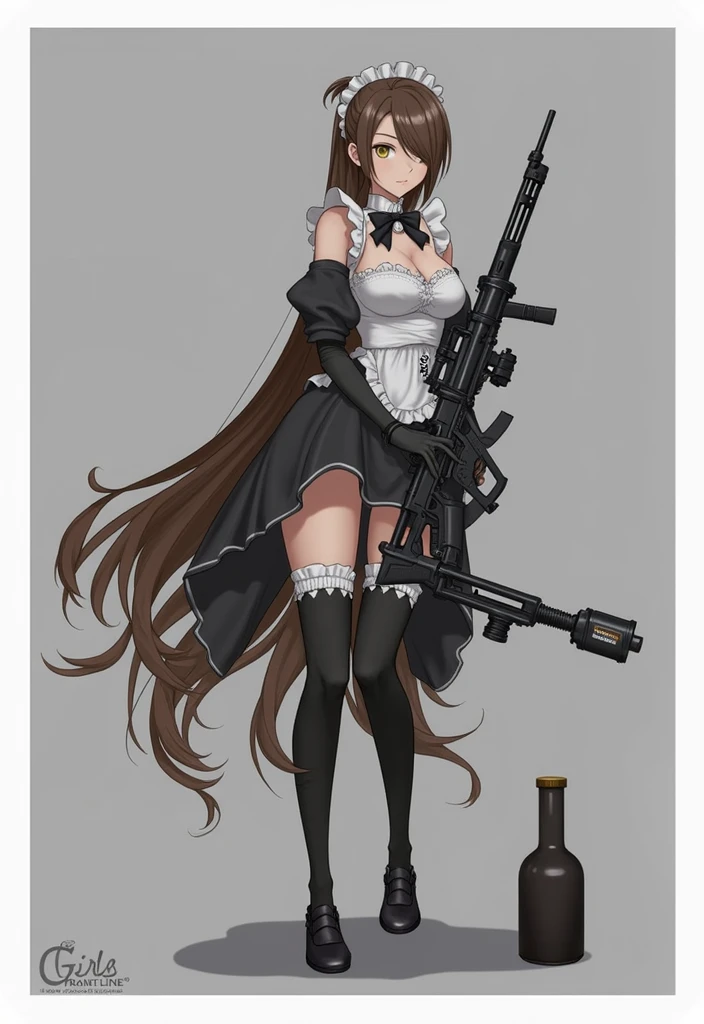 anime character with long hair in maid dress holding a heavy rilfe and black gloves,(hair swept bangs:1.3), (long brown hair:1.3), 1girl, solo, long hair, breasts, looking at viewer, large breasts, simple background, black hair, thighhighs, holding, cleavage, very long hair, standing, jacket, full body, weapon, ahoge, multicolored hair, boots, grey background, holding weapon, orange hair, mole, high heels, two-tone hair, leotard, hand on hip, gun, bodysuit, thigh strap, thigh boots, holding gun, rifle, colored inner hair, barcode, anime style, from girls frontline, fine details. girls frontline, girls frontline universe, girls frontline style, girls frontline, girls frontline cg, soft anime illustration, 2 0 2 2 anime style, 2022 anime style, pixiv contest winner, pretty anime character design, render of april