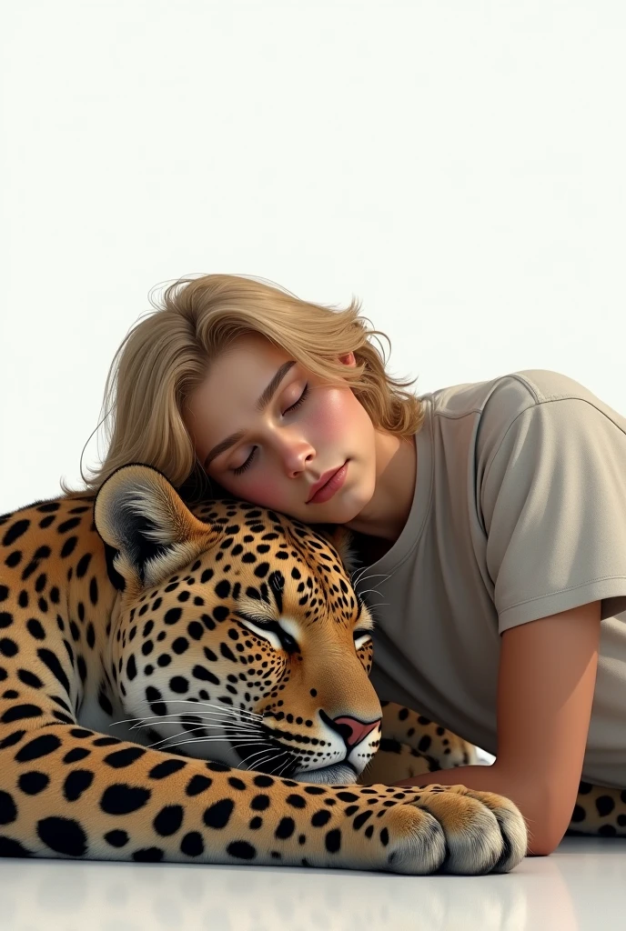 blond haired teenage man lying on the lap of a leopard with a white background that doesn&#39;t look so animated that it&#39;s more realistic