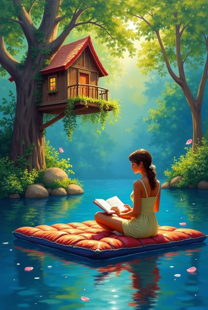 Impressionist painting of a woman reading with her back turned on a raft near a tree house 