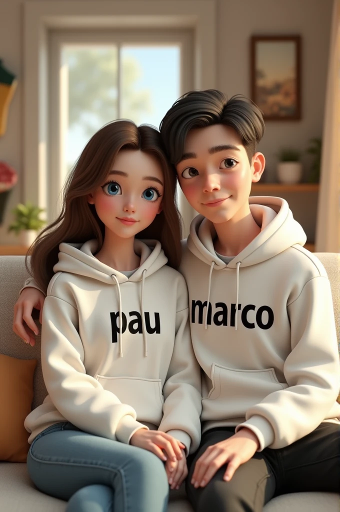 A 3D render of a photo of a sitting couple in a cozy living room during summer time. The woman, Amanda, has brown hair and blue eyes and is wearing a white hoodie with the name "Pau" in black color. The man, Marco, has black hair and blue eyes and is wearing a white hoodie with the name "Marco" in black color. The background is a living room with beautiful furniture, stockings, and pictures. The overall image is very pretty.