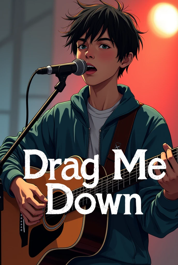 Create a image for YouTube thumbnail written "drag me down"with text with boy singing, holding a guitar
