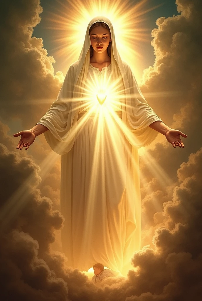 Create an image where the virgin of fatima (whose appearance is more brilliant than the sun, and
radiated a light more clear and intense than a crystal glass filled with
sparkling water, when the rays of the burning sun shine through it.) is saving a soul of a young male sinner (who is a soul not a  physical body )and Our Lady opened her hands,
communicating to him a light so intense from her hands that, as it streamed from
her hands, its rays penetrated his heart and the innermost depths
of his soul, making him see himself in God, Who was that light,
more clearly than he sees himself in the best of mirrors at God's heavenly court where around her there are angels and seraphims( but the virgin of fatima does not have wings only the angels and seraphims)